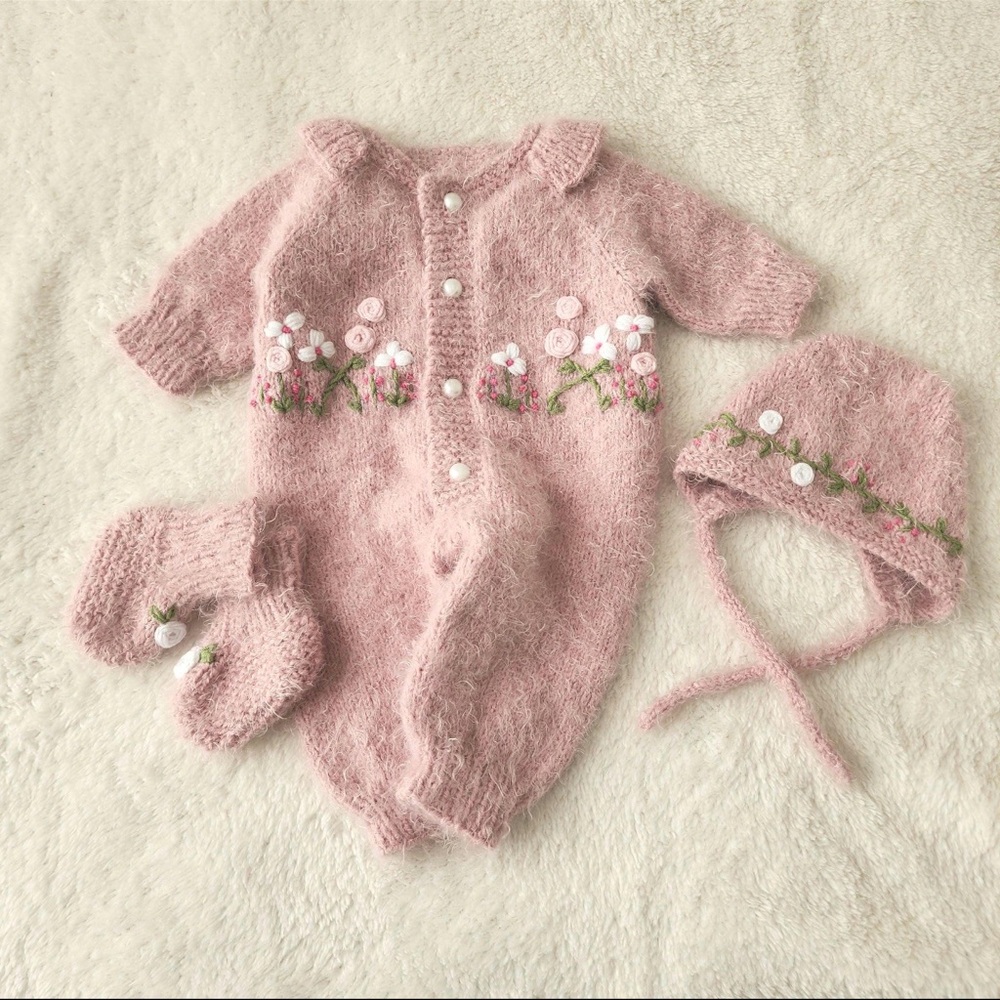 Hand-Knit Pink Floral Baby One-Piece with Hat & Booties